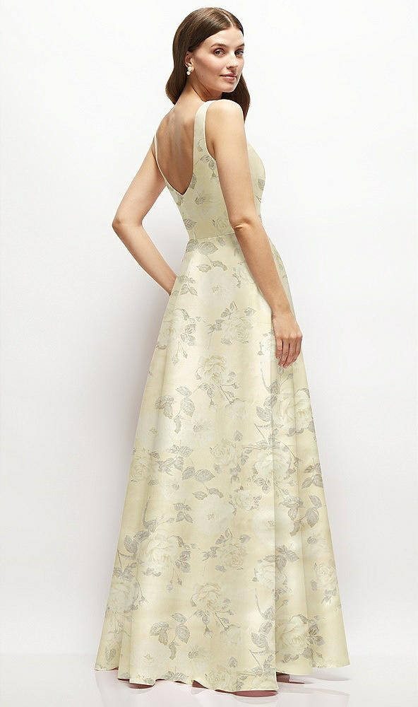 Back View - Butter Yellow Floral Floral Square-Neck Satin Maxi Dress with Full Skirt
