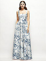 Front View Thumbnail - Cottage Rose Larkspur Floral Square-Neck Satin Maxi Dress with Full Skirt
