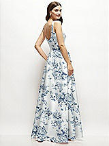 Rear View Thumbnail - Cottage Rose Larkspur Floral Square-Neck Satin Maxi Dress with Full Skirt