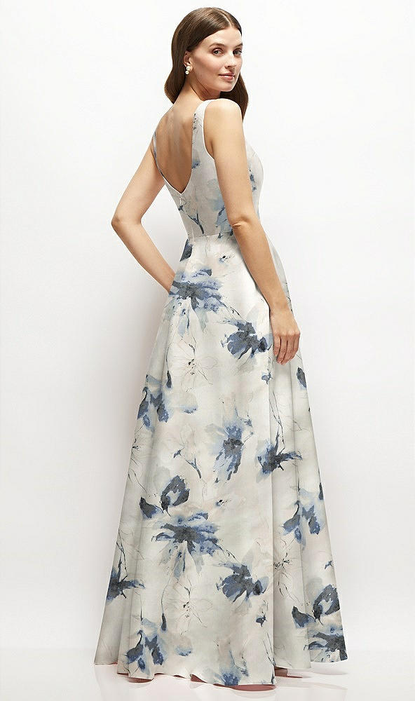 Back View - Inkwash Blue Floral Floral Square-Neck Satin Maxi Dress with Full Skirt
