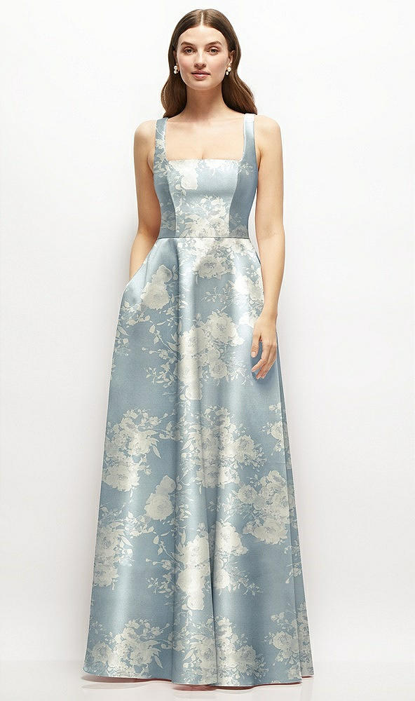 Front View - Porcelain Blue Seraphina Floral Floral Square-Neck Satin Maxi Dress with Full Skirt