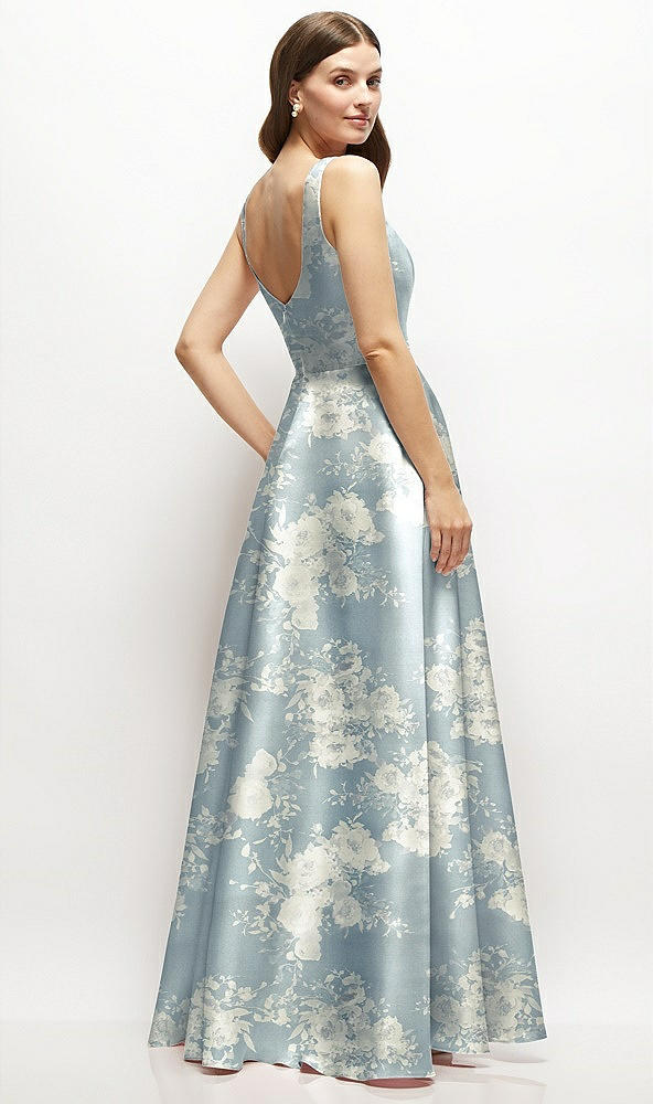 Back View - Porcelain Blue Seraphina Floral Floral Square-Neck Satin Maxi Dress with Full Skirt