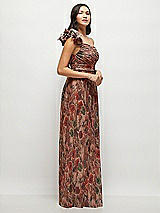 Front View Thumbnail - Harvest Floral Print Dramatic Ruffle Edge One-Shoulder Fall Foral Pleated Metallic Maxi Dress