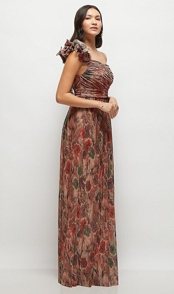 Front View - Harvest Floral Print Dramatic Ruffle Edge One-Shoulder Fall Foral Pleated Metallic Maxi Dress