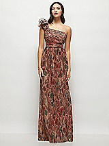 Side View Thumbnail - Harvest Floral Print Dramatic Ruffle Edge One-Shoulder Fall Foral Pleated Metallic Maxi Dress
