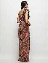 Rear View Thumbnail - Harvest Floral Print Dramatic Ruffle Edge One-Shoulder Fall Foral Pleated Metallic Maxi Dress