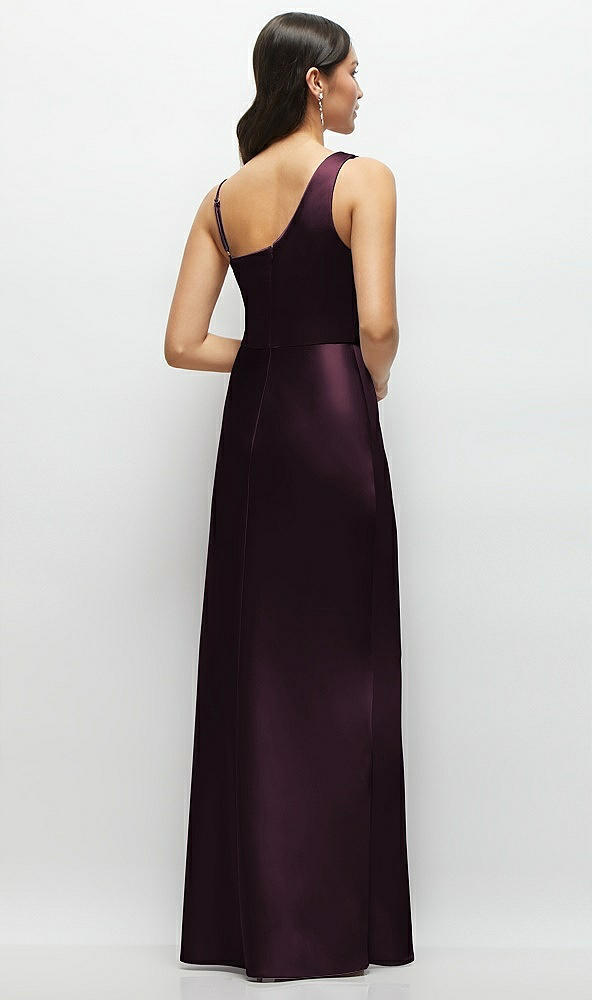Back View - Deep Plum One-Shoulder Draped Cowl A-Line Satin Maxi Dress