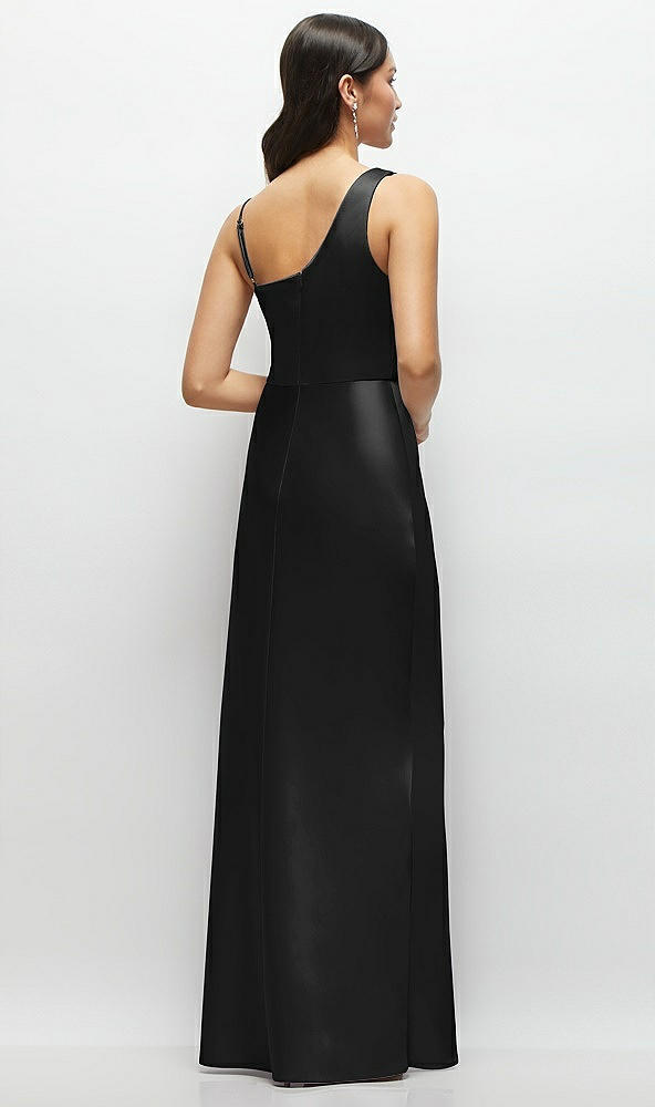 Back View - Black One-Shoulder Draped Cowl A-Line Satin Maxi Dress