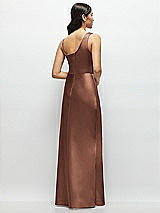 Rear View Thumbnail - Cognac One-Shoulder Draped Cowl A-Line Satin Maxi Dress