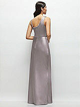 Rear View Thumbnail - Cashmere Gray One-Shoulder Draped Cowl A-Line Satin Maxi Dress