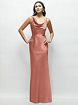 Front View Thumbnail - Desert Rose One-Shoulder Draped Cowl A-Line Satin Maxi Dress
