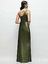 Rear View Thumbnail - Olive Green One-Shoulder Draped Cowl A-Line Satin Maxi Dress