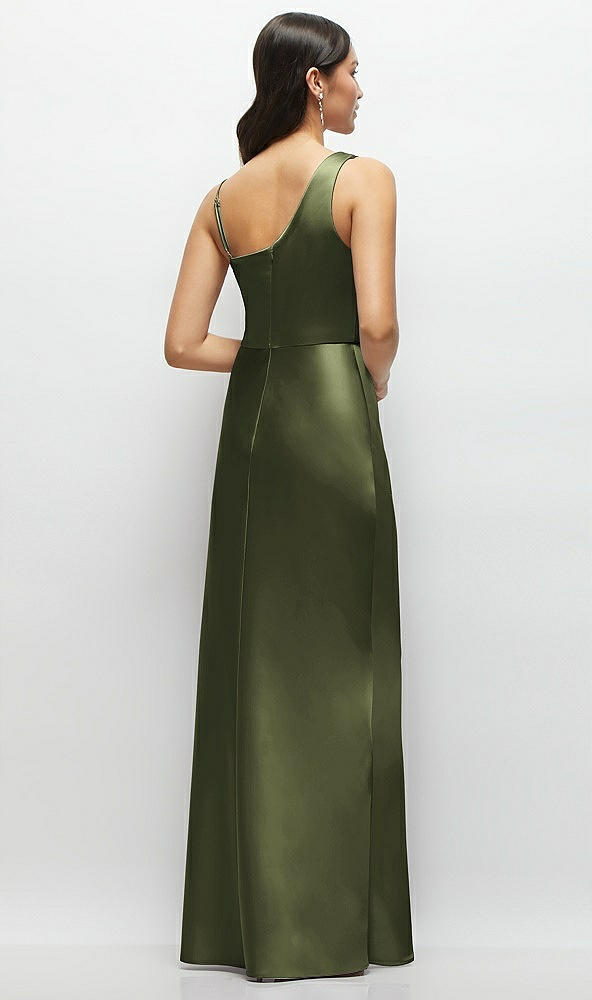 Back View - Olive Green One-Shoulder Draped Cowl A-Line Satin Maxi Dress