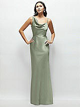 Front View Thumbnail - Sage One-Shoulder Draped Cowl A-Line Satin Maxi Dress