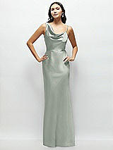 Front View Thumbnail - Willow Green One-Shoulder Draped Cowl A-Line Satin Maxi Dress