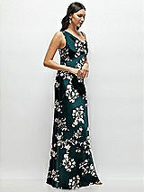 Side View Thumbnail - Vintage Primrose Evergreen One-Shoulder Draped Cowl A-Line Floral Satin Maxi Dress