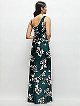Rear View Thumbnail - Vintage Primrose Evergreen One-Shoulder Draped Cowl A-Line Floral Satin Maxi Dress