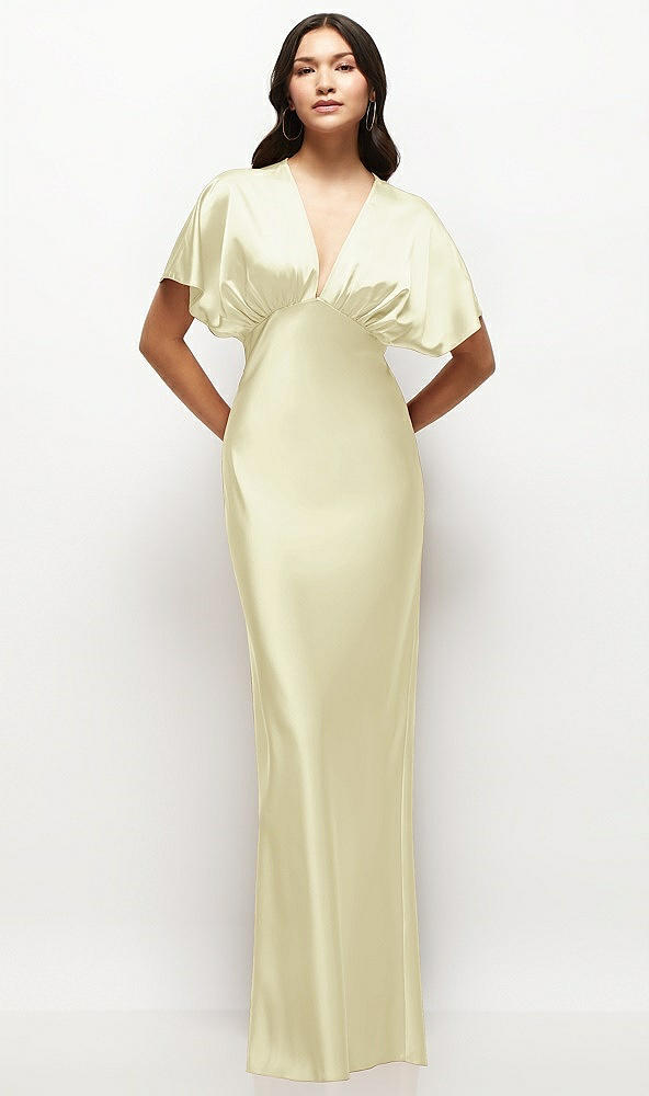 Front View - Butter Yellow Plunge Neck Kimono Sleeve Satin Bias Maxi Dress
