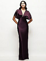 Front View Thumbnail - Deep Plum Plunge Neck Kimono Sleeve Satin Bias Maxi Dress