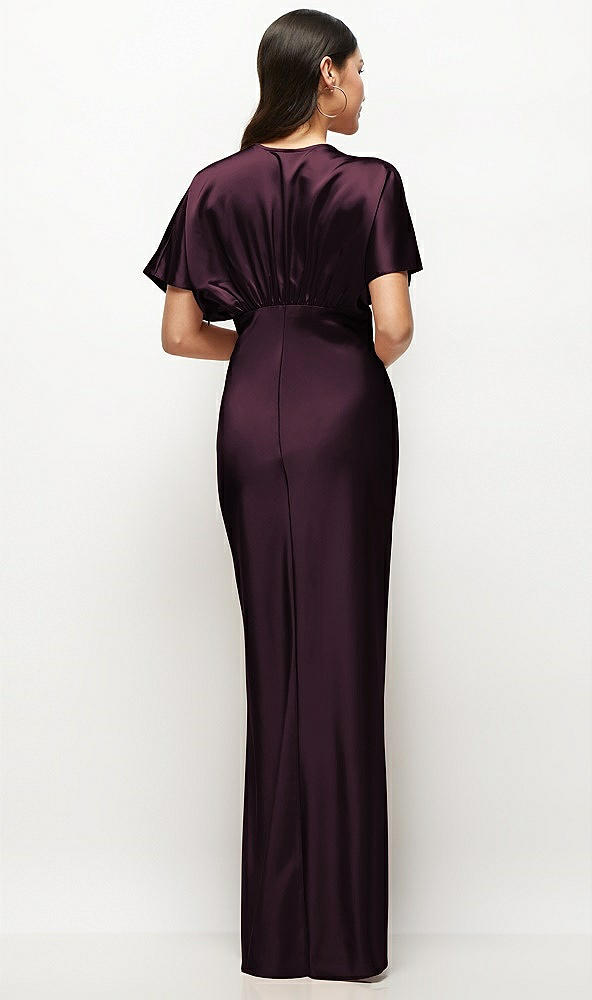 Back View - Deep Plum Plunge Neck Kimono Sleeve Satin Bias Maxi Dress
