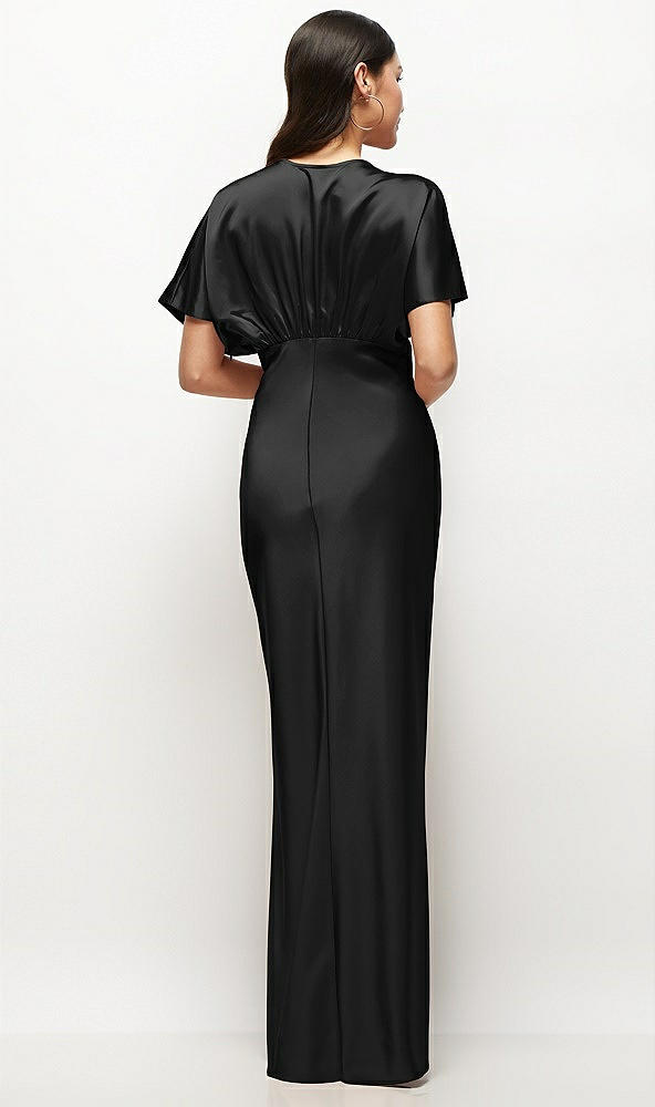 Back View - Black Plunge Neck Kimono Sleeve Satin Bias Maxi Dress