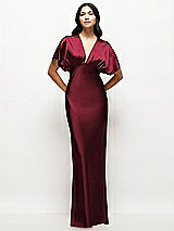 Front View Thumbnail - Cabernet Plunge Neck Kimono Sleeve Satin Bias Maxi Dress