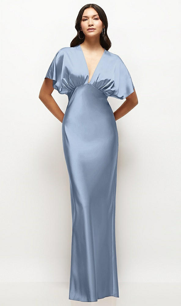 Front View - Cloudy Plunge Neck Kimono Sleeve Satin Bias Maxi Dress