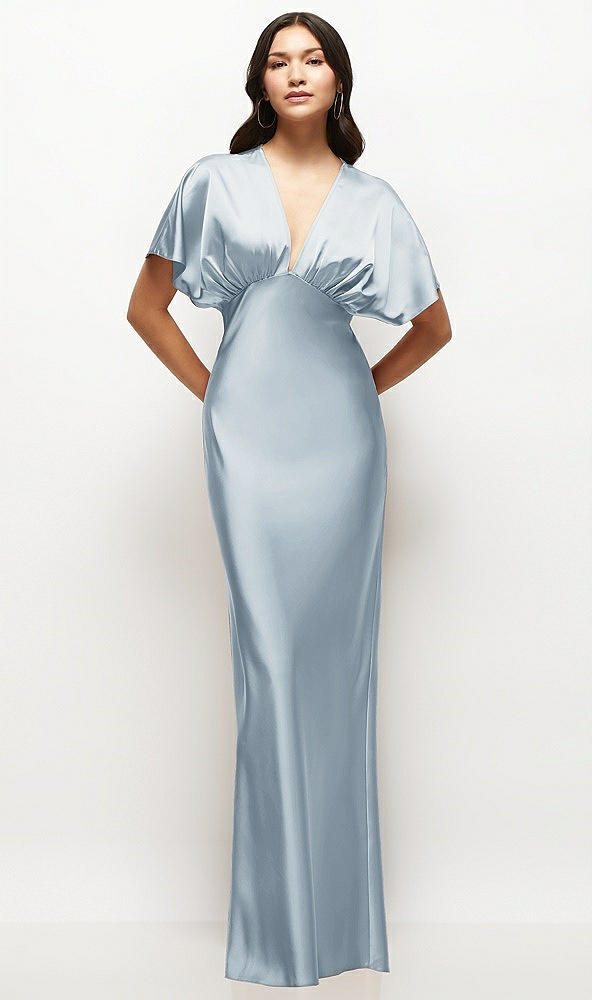 Front View - Mist Plunge Neck Kimono Sleeve Satin Bias Maxi Dress