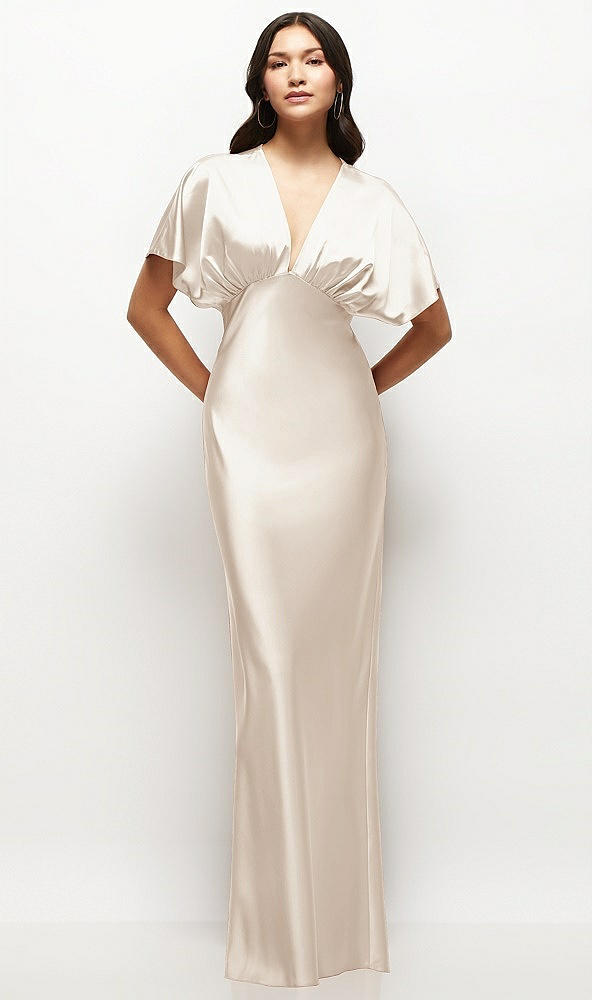 Front View - Oat Plunge Neck Kimono Sleeve Satin Bias Maxi Dress