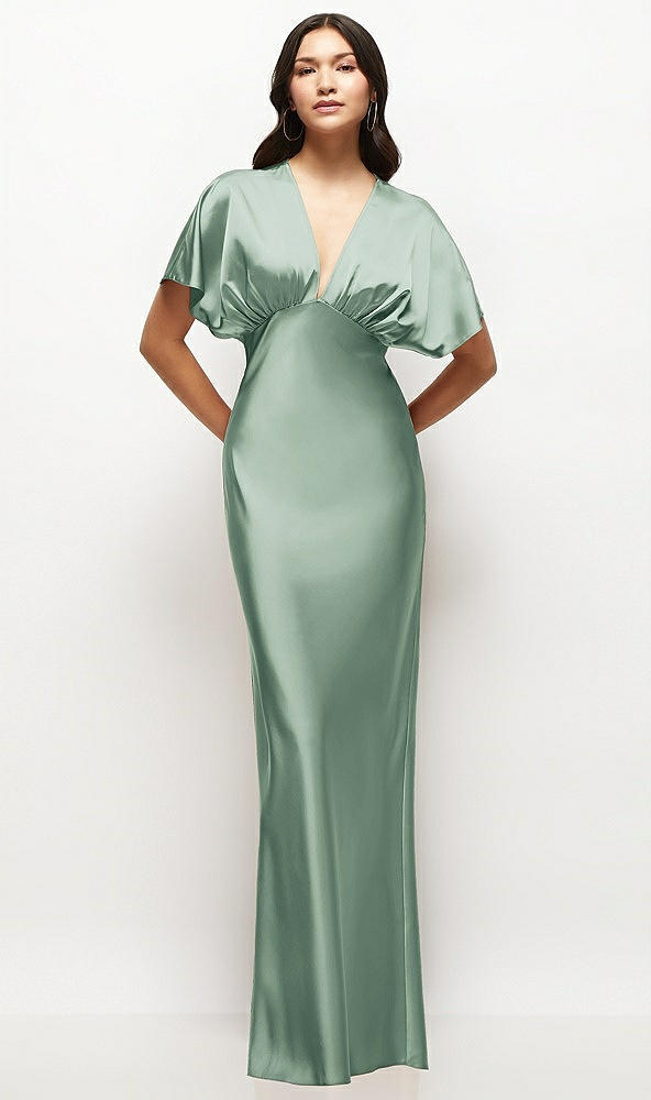 Front View - Seagrass Plunge Neck Kimono Sleeve Satin Bias Maxi Dress