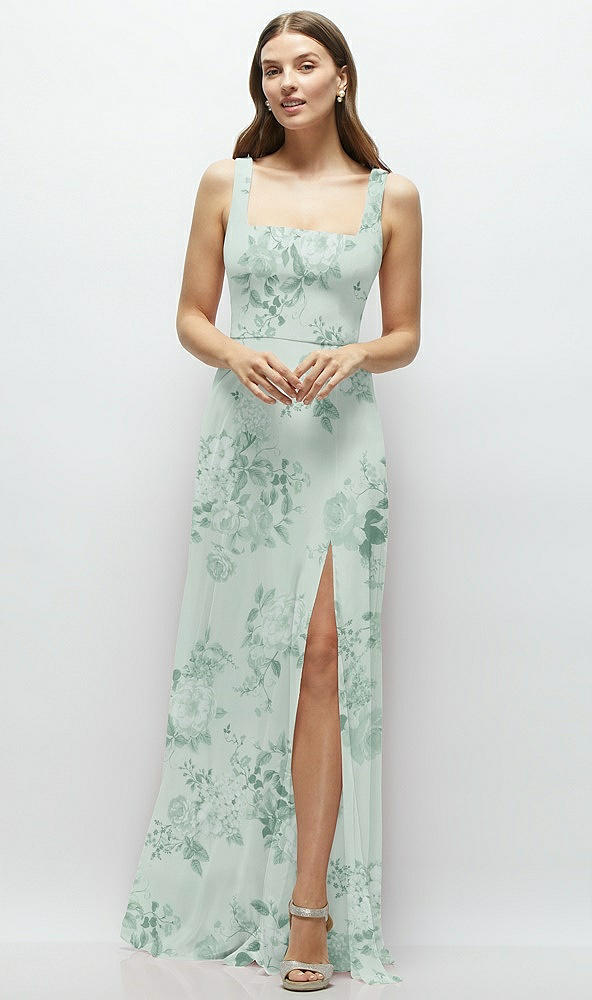 Front View - Mint Green Floral Square Neck Chiffon Maxi Dress with Circle Skirt