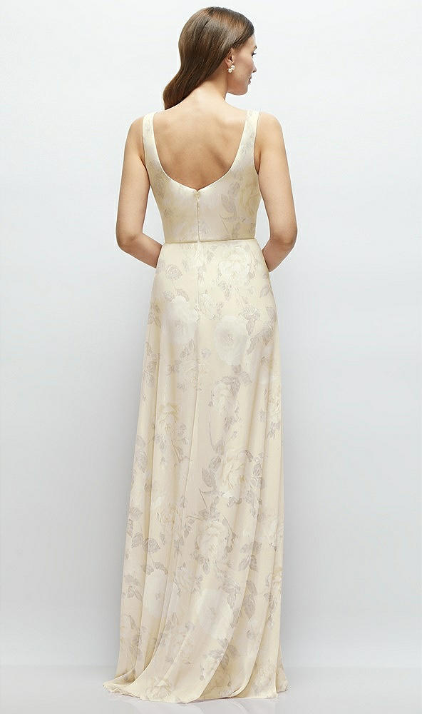 Back View - Butter Yellow Floral Square Neck Chiffon Maxi Dress with Circle Skirt