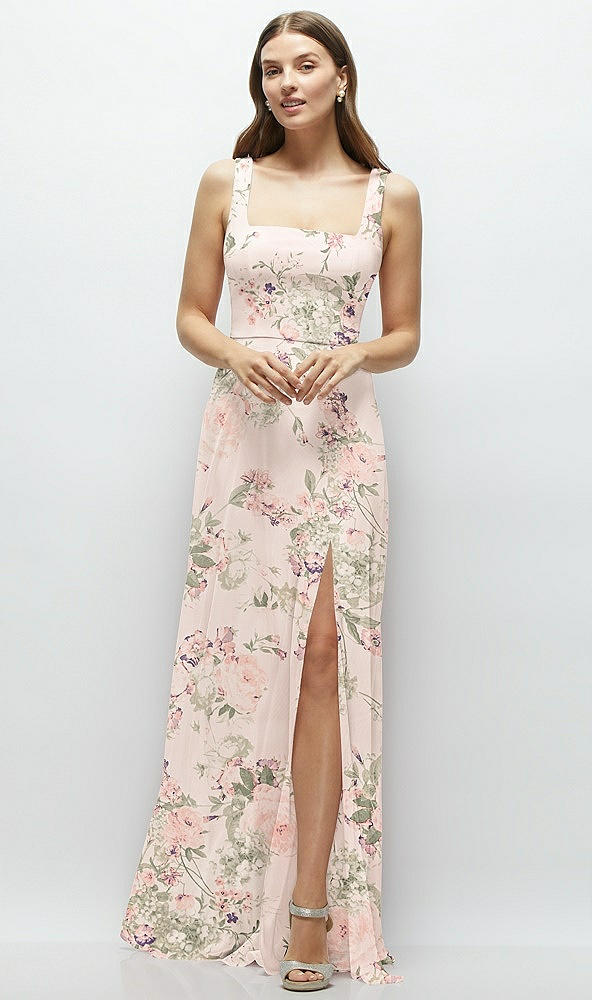 Front View - Blush Garden Square Neck Chiffon Maxi Dress with Circle Skirt
