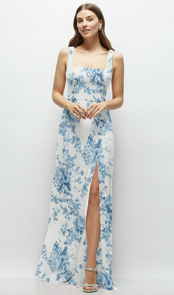 Front View - Cottage Rose Dusk Blue Square Neck Chiffon Maxi Dress with Circle Skirt