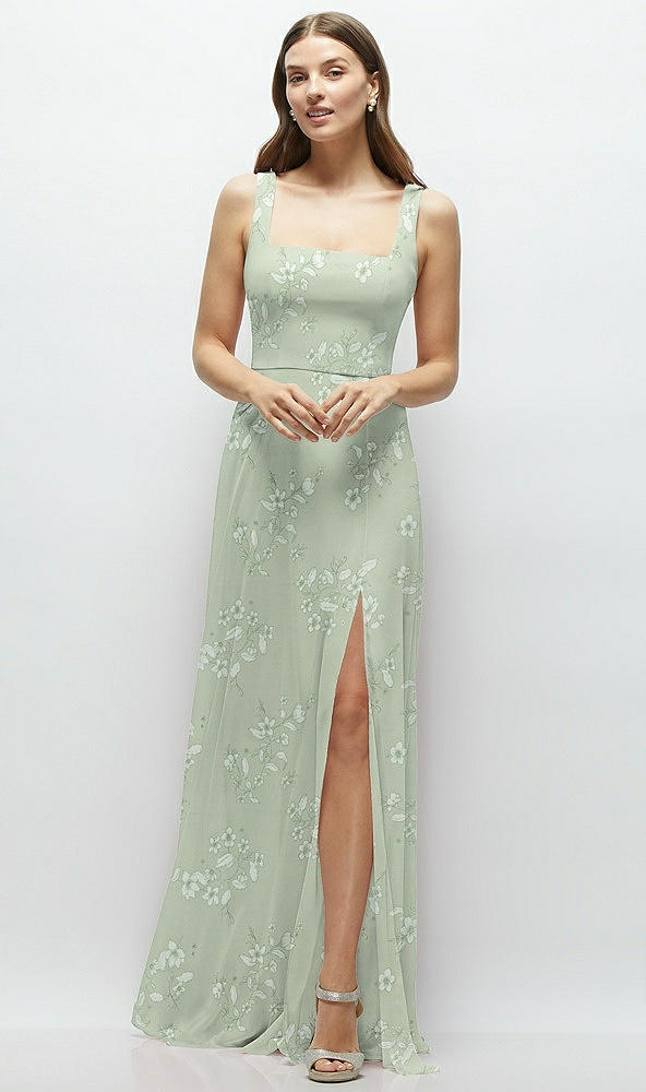 Front View - Vintage Primrose Sage Square Neck Chiffon Maxi Dress with Circle Skirt