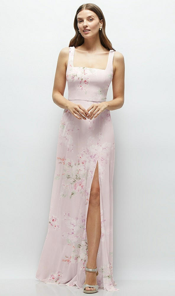 Front View - Watercolor Print Square Neck Chiffon Maxi Dress with Circle Skirt