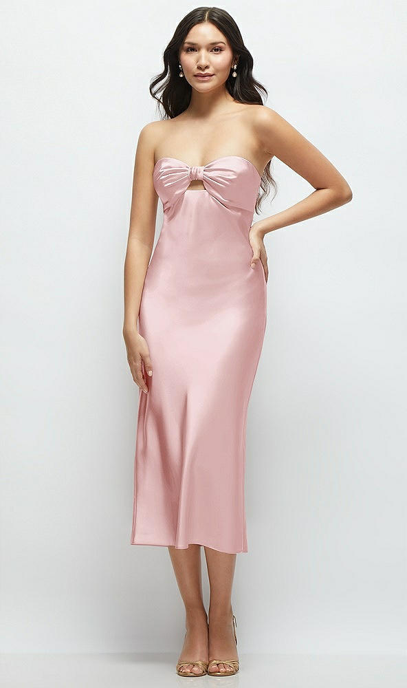 Front View - Ballet Pink Strapless Bow-Bandeau Cutout Satin Midi Slip Dress