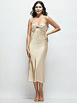 Front View Thumbnail - Champagne Strapless Bow-Bandeau Cutout Satin Midi Slip Dress
