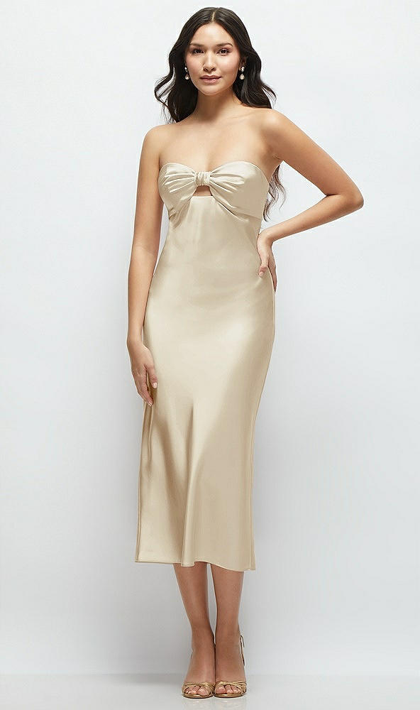 Front View - Champagne Strapless Bow-Bandeau Cutout Satin Midi Slip Dress
