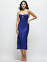 Front View Thumbnail - Cobalt Blue Strapless Bow-Bandeau Cutout Satin Midi Slip Dress