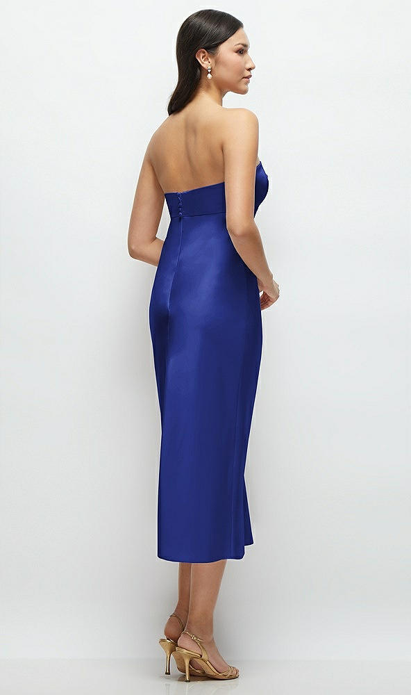 Back View - Cobalt Blue Strapless Bow-Bandeau Cutout Satin Midi Slip Dress