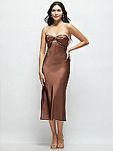 Front View Thumbnail - Cognac Strapless Bow-Bandeau Cutout Satin Midi Slip Dress