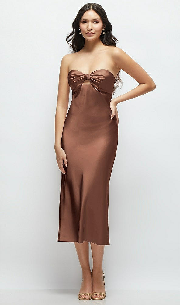 Front View - Cognac Strapless Bow-Bandeau Cutout Satin Midi Slip Dress