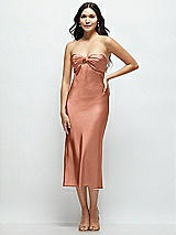 Front View Thumbnail - Copper Penny Strapless Bow-Bandeau Cutout Satin Midi Slip Dress