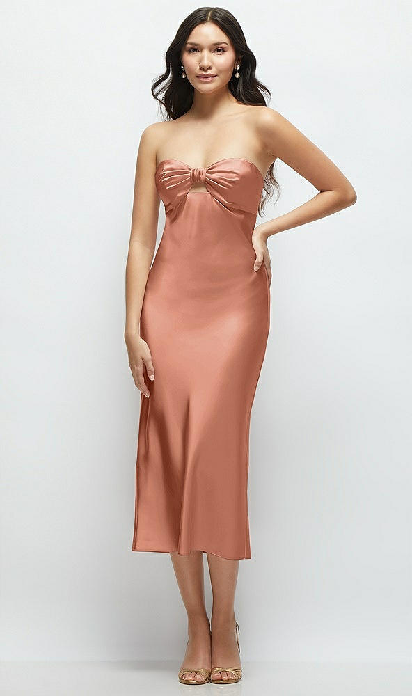 Front View - Copper Penny Strapless Bow-Bandeau Cutout Satin Midi Slip Dress