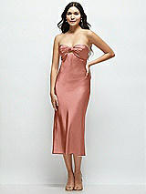 Front View Thumbnail - Desert Rose Strapless Bow-Bandeau Cutout Satin Midi Slip Dress