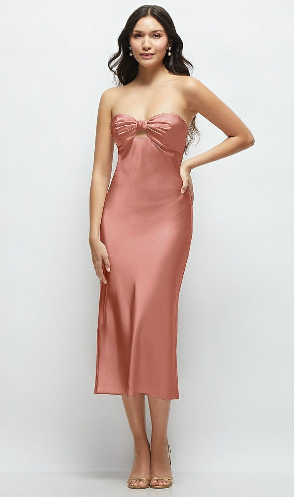 Front View - Desert Rose Strapless Bow-Bandeau Cutout Satin Midi Slip Dress