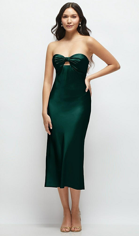 Front View - Evergreen Strapless Bow-Bandeau Cutout Satin Midi Slip Dress