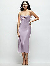 Front View Thumbnail - Lilac Haze Strapless Bow-Bandeau Cutout Satin Midi Slip Dress