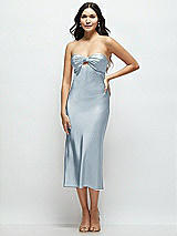 Front View Thumbnail - Mist Strapless Bow-Bandeau Cutout Satin Midi Slip Dress